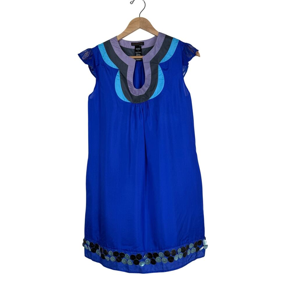 Custo Barcelona Blue Silk Blend Embellished Shift Dress Size 1 Retro Mod Y2K Vtg